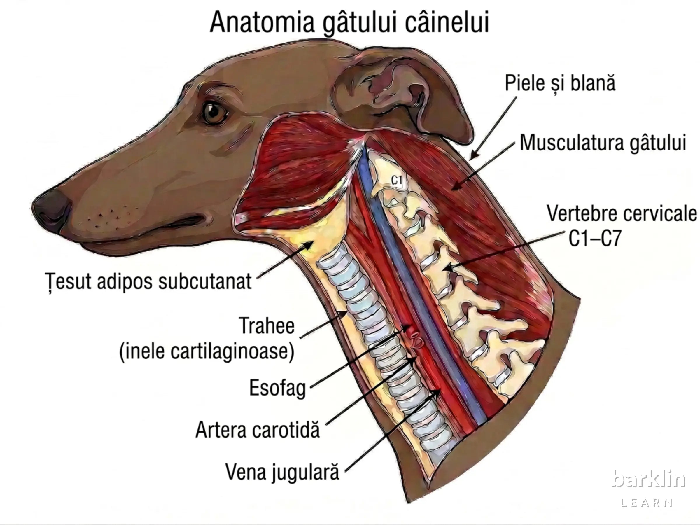 Anatomia laterală a gâtului câinelui cu trahee, vertebre cervicale și vase