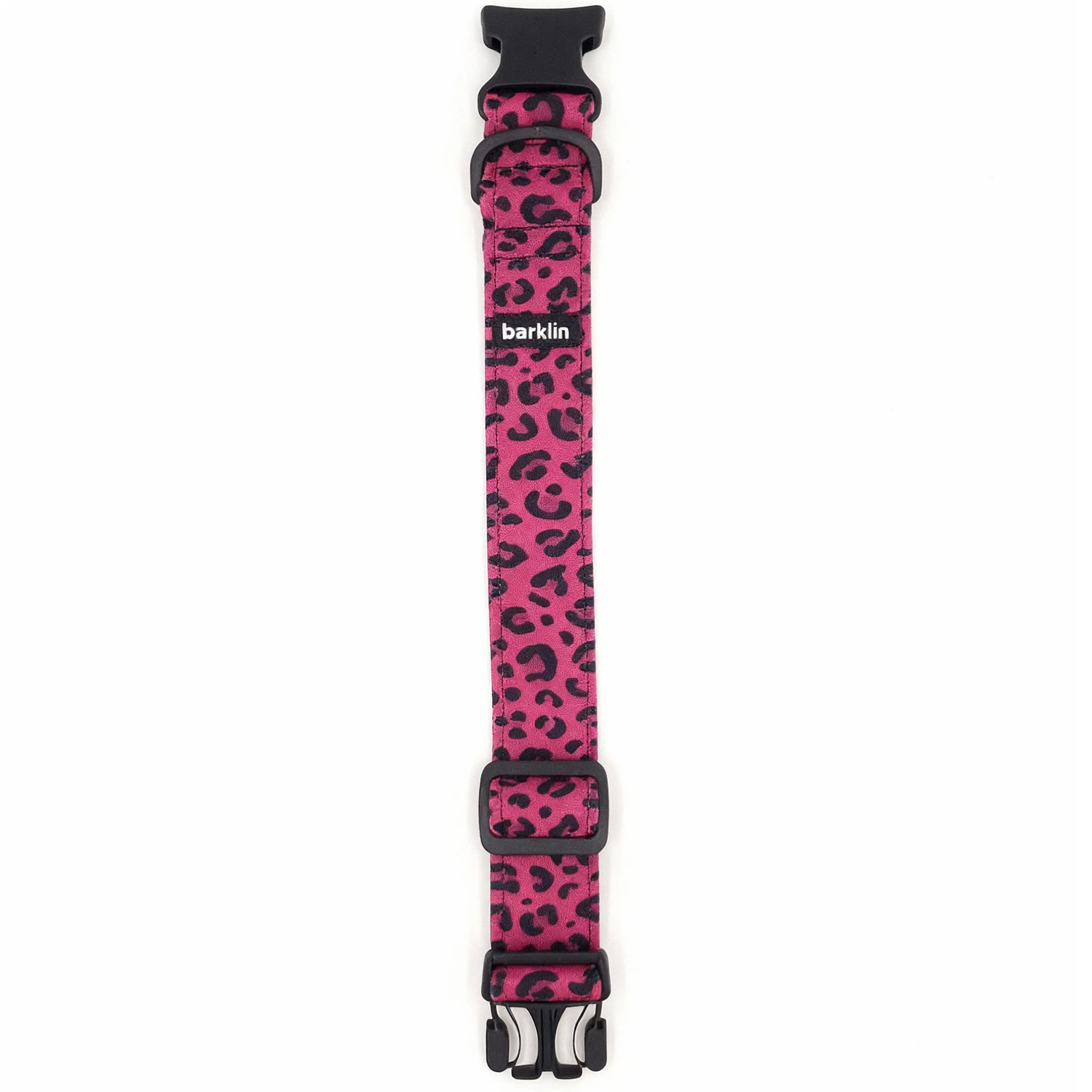 Pop Leopard dog collar in 4 cm width shown in flat-lay, pattern-first REPREVE canvas strap with ECONABLE buckle, EU-made.