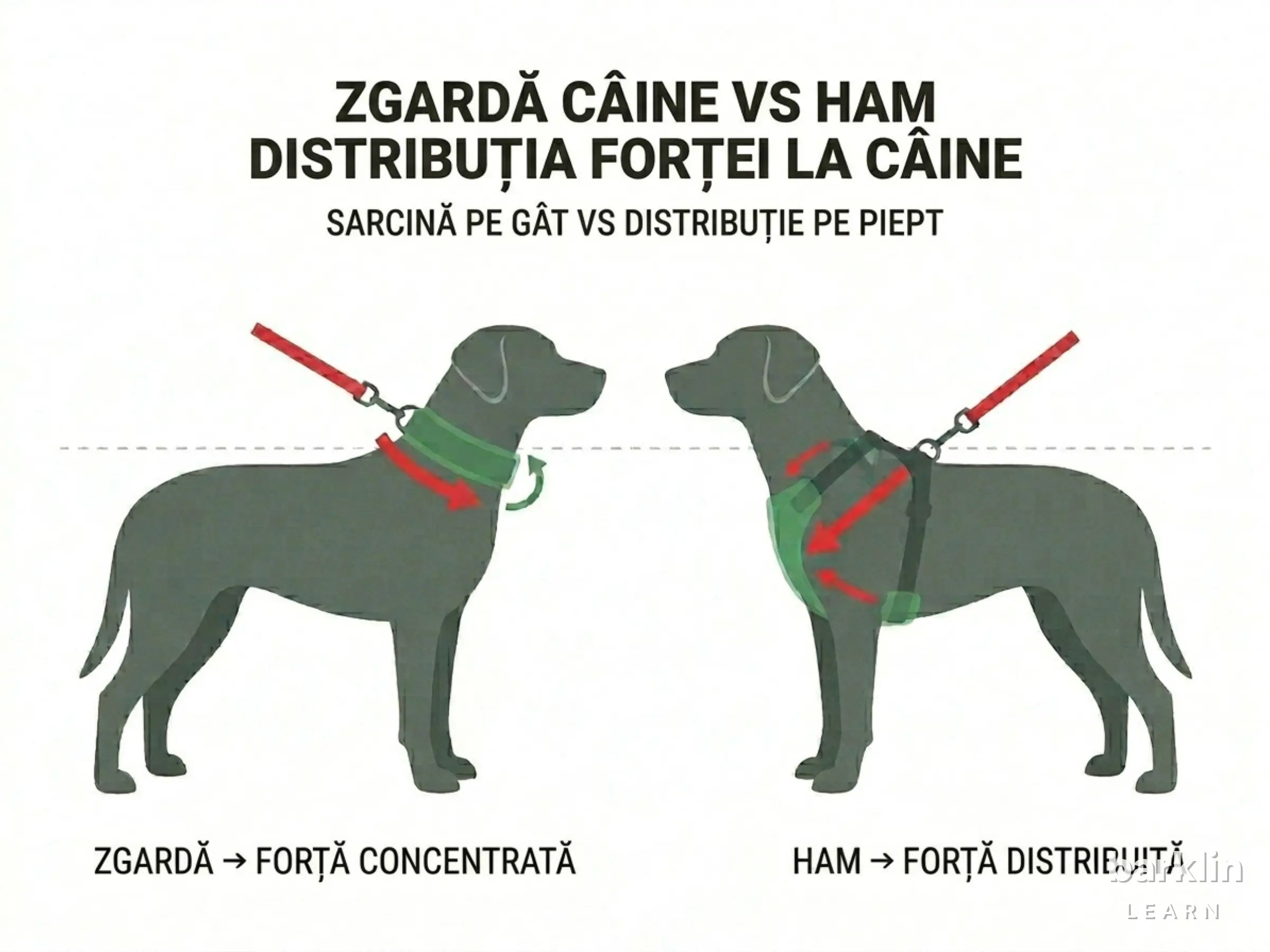 Diagram distribuția forței la câine: zgardă cu sarcină concentrată pe gât vs ham cu distribuție pe piept